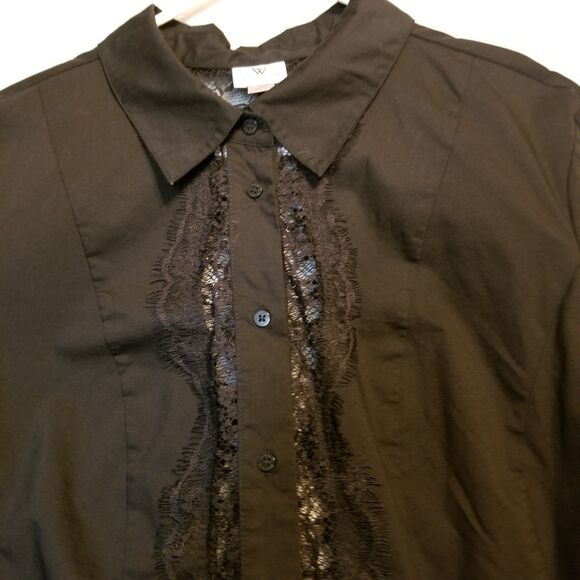 Worthington 3X Top Stretch Black Button Front Lace Sheer Panels Whimsigoth Boho - Picture 4 of 9